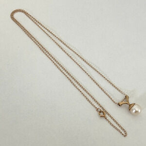14K Yellow Gold Genuine Cream Pearl Small Pendant Chain Necklace 17"